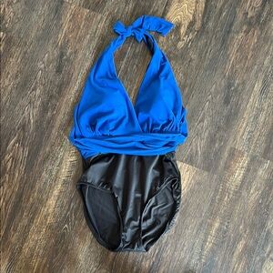 Swim Halter One-Piece in Blue and Black